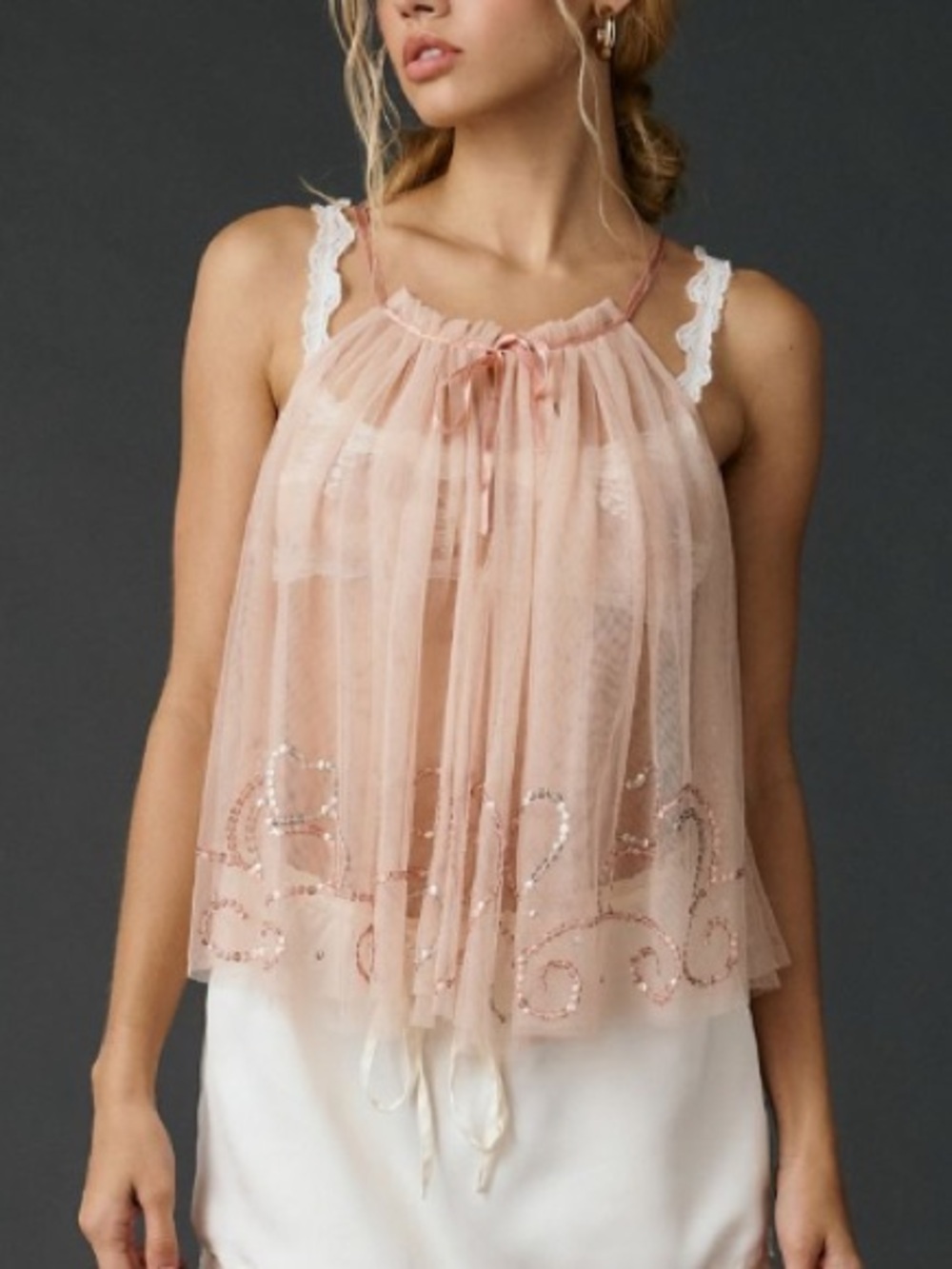 🟤NWT KIMCHI BLUE Bright Eyes Sequin Embellished Sheer Mesh Cami in Blush SMALL